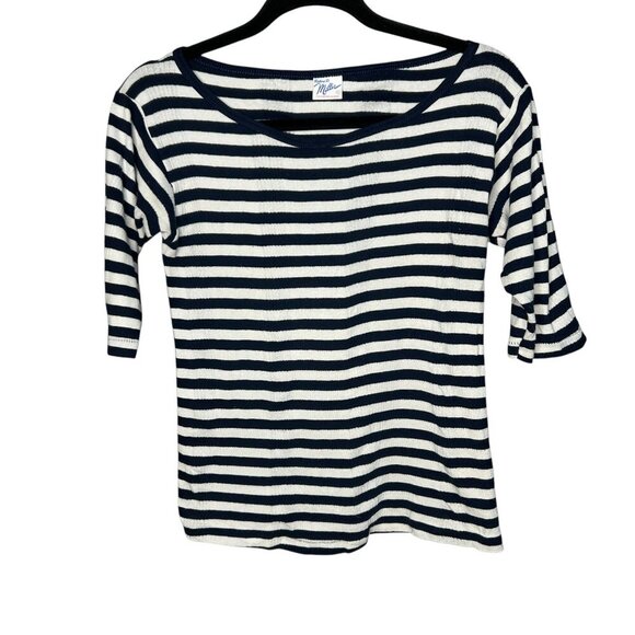 Robert P Miller Navy Blue White Striped 100% Cotton Ribbed Knit T-Shirt - Picture 1 of 7